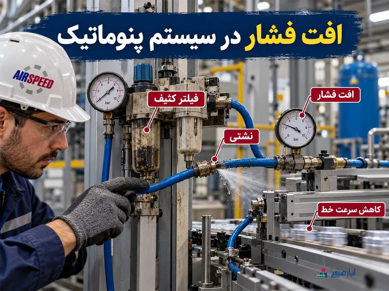 علت افت فشار در سیستم پنوماتیک شامل نشتی هوا، فیلتر کثیف و تاثیر آن بر کاهش سرعت خط تولید